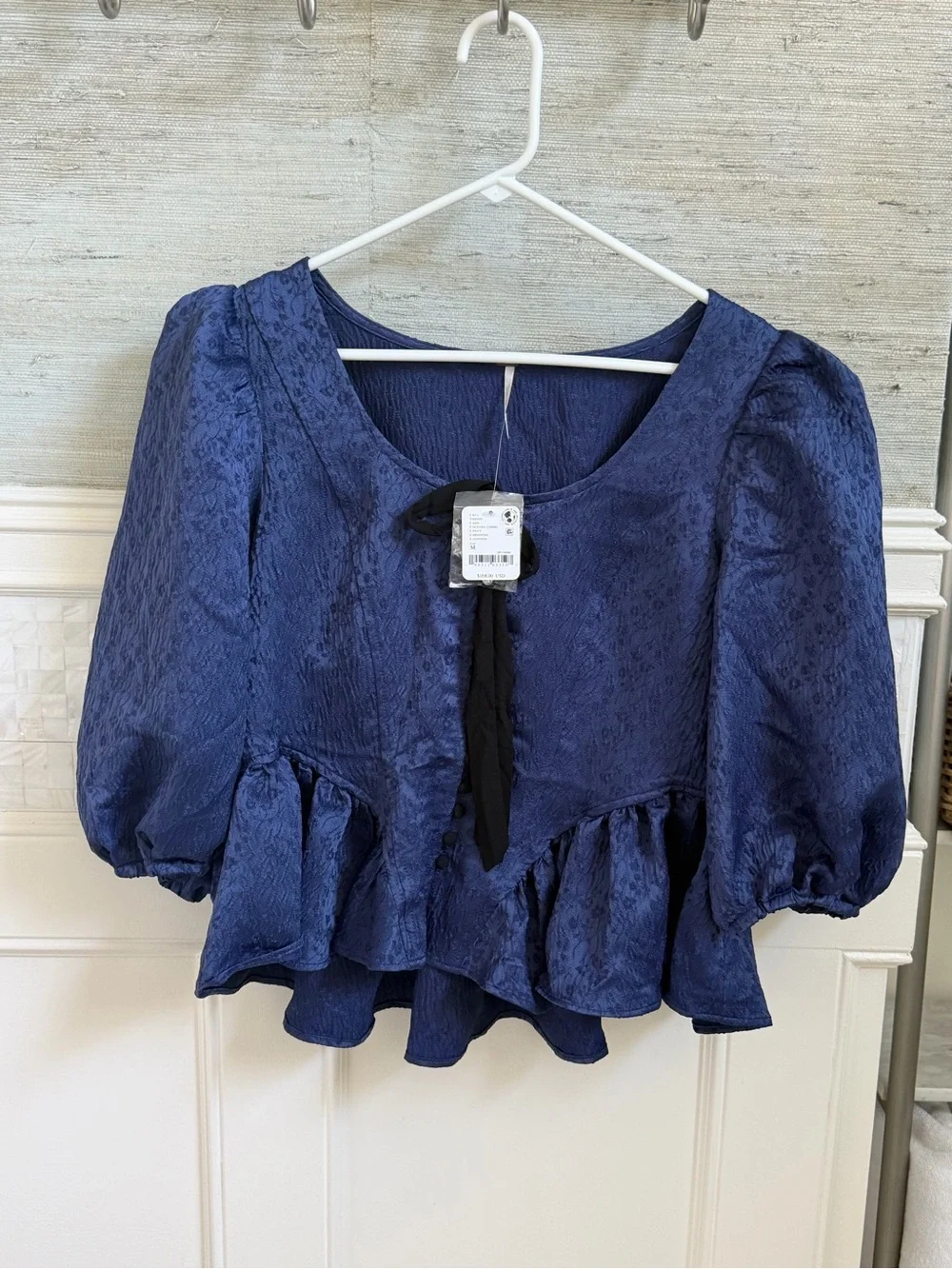 NWT new medium free people Pamela bow blouse top blue buttons puff sleeves
